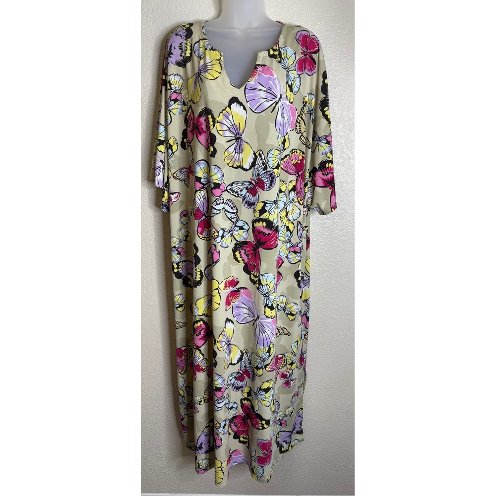 Joan Rivers Women 1XP Maxi Dress Tan Butterfly Print V Neck Dolman Sleeve Lounge